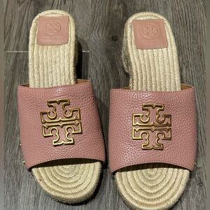 Tory Burch Britten Women’s Leather Espadrille Slides in Pink Moon, size 9.5